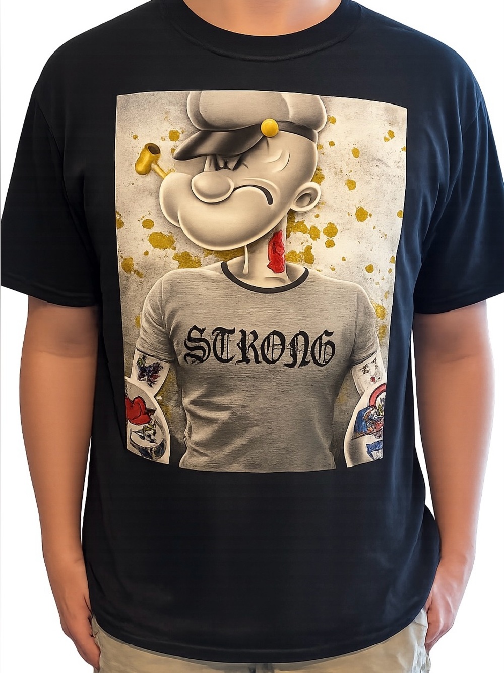 Popeye "Strong" Tattoo Graphic T-Shirt | Men's XL | Black | NWOT